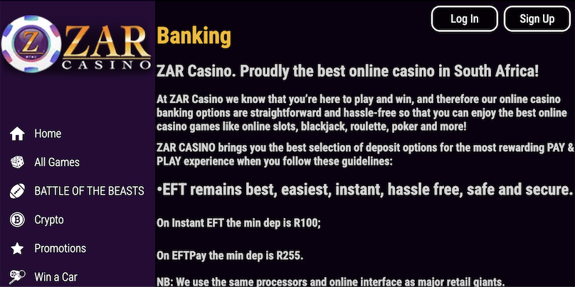 ZAR Casino Banking